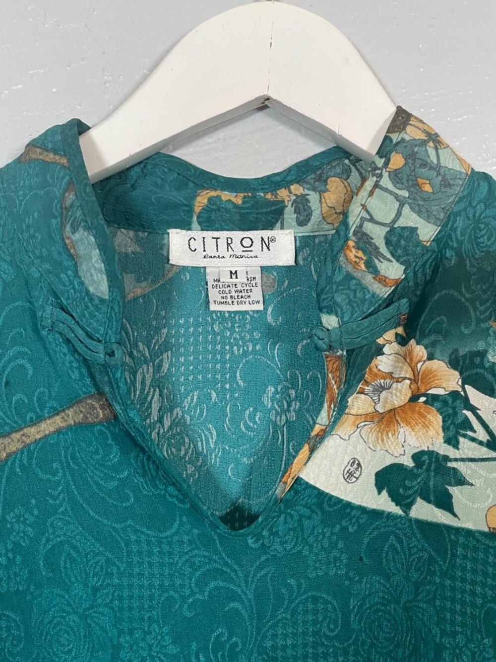 Citron Santa Monica Women M Teal Silk Blouse Hand Mirror Print Mandarin Collar - Picture 5 of 10
